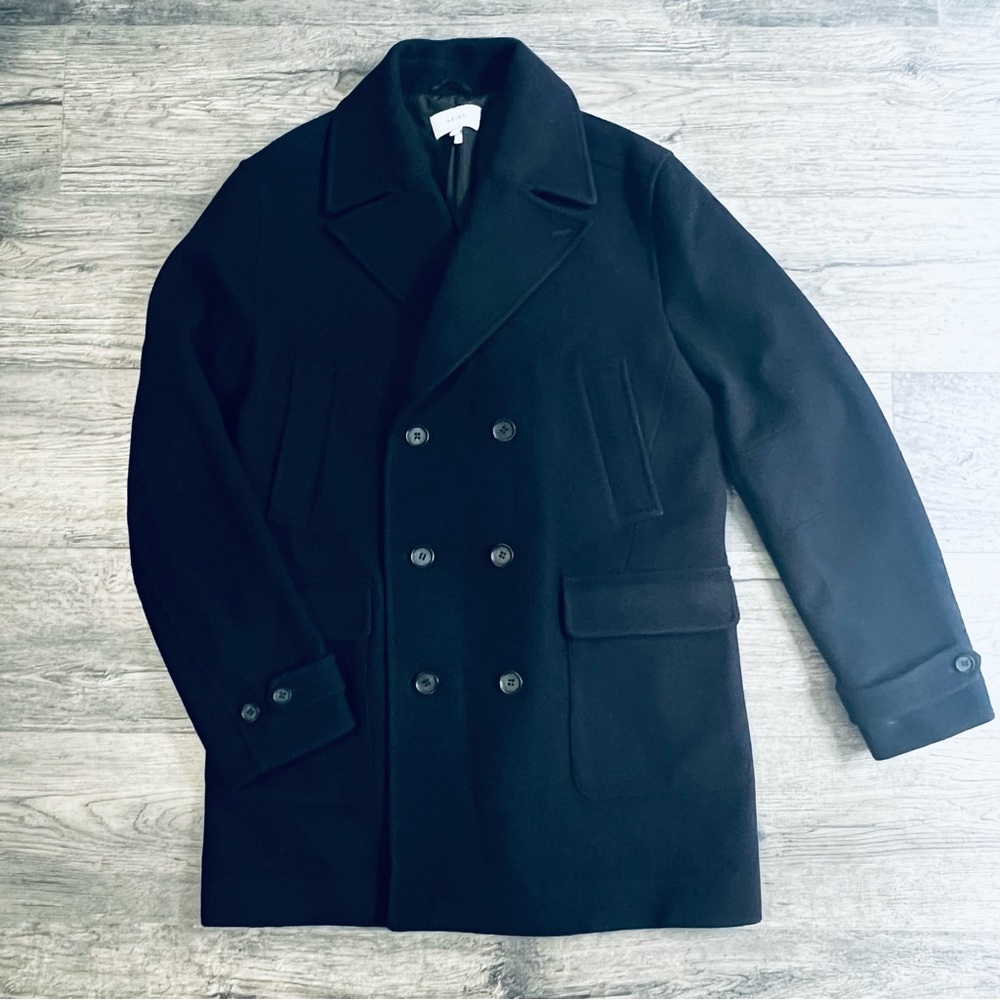 NWOT Reiss, Cork Double Breasted Wool Blend Peacoat, Navy, L